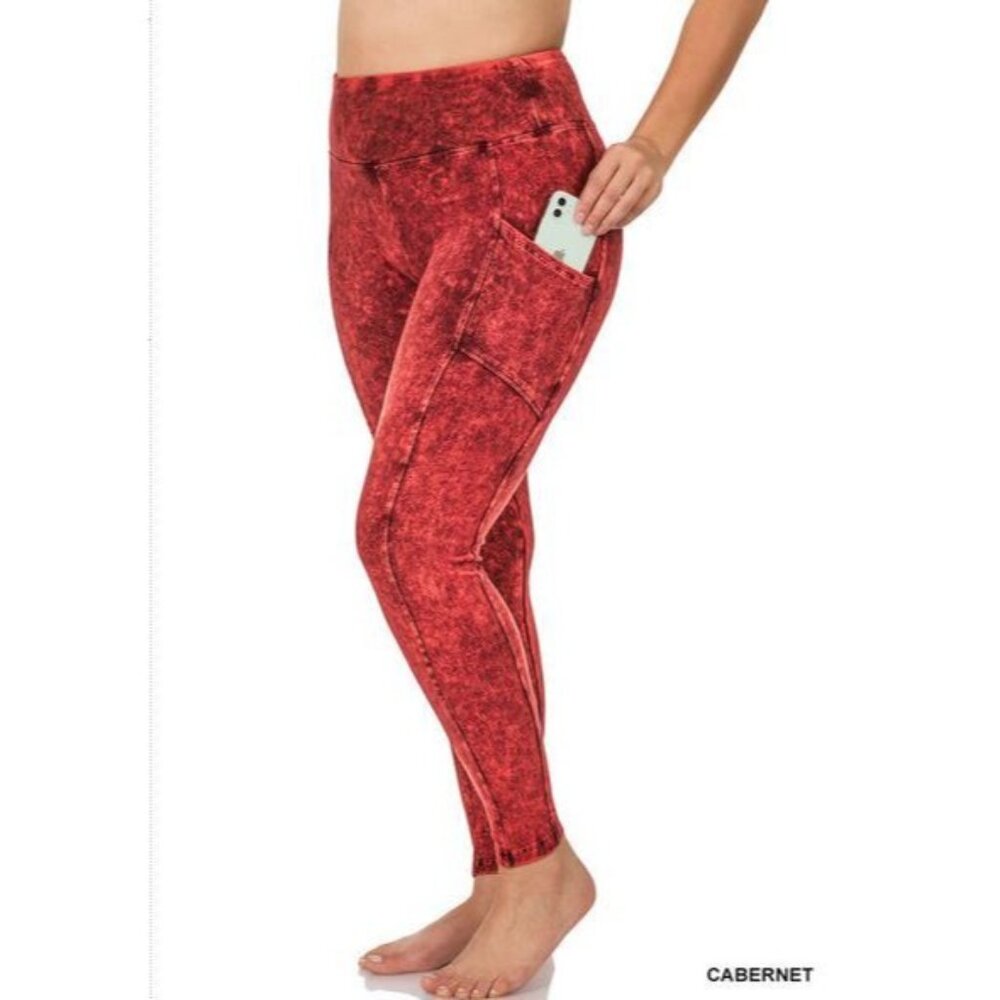 NWOT Zenana Cabernet Mineral Wash Pocketed Full Length Leggings Size 3X